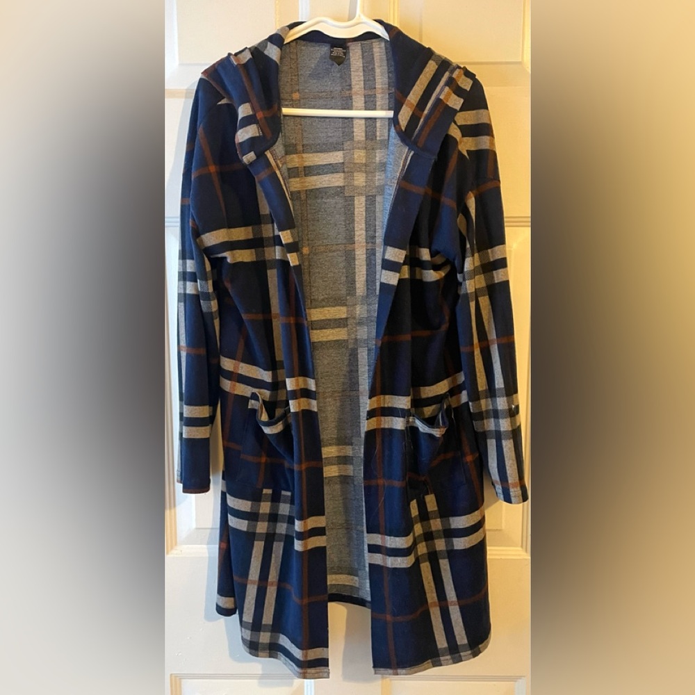 Lildy Navy Brown Gray Plaid Hooded Long Open Knit Cardigan L - XL 2 Front Pocket
